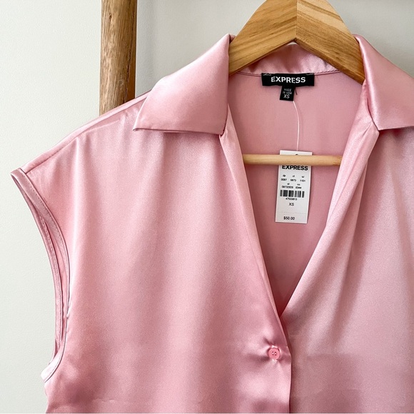 [express] satin cap sleeve button up blouse shirt silky light pink XS - Picture 3 of 10